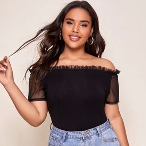 Mesh Frill Trim Off Shoulder Tee